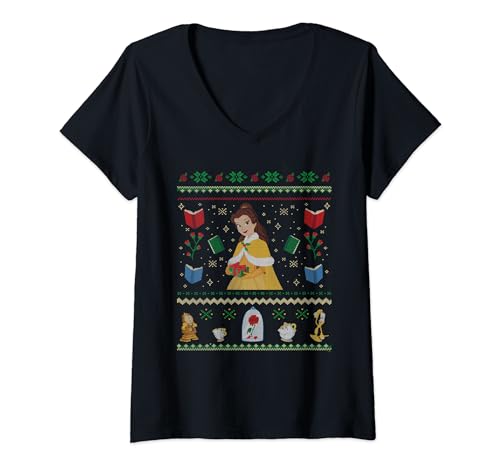T-shirt Col V La Belle et la Bête Disney pour Noël style pull de fêtes pour femme