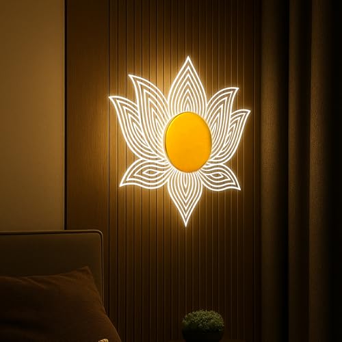 Image of Lampmaster Lotus Glow LED Wall Light | 3-in-1 Color Changing Decorative Lamp | Gold Finish Acrylic Lotus Design | Modern Floral Wall Sconce for Bedroom, Living Room & Meditation Decor