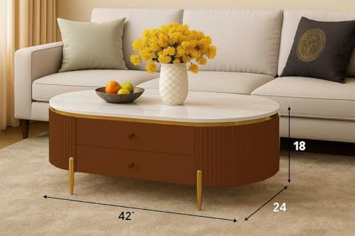 Image of WOODEN SPACE Premium Moderno Marble-Top Coffee Table with Storage Drawer & PVD Coated Iron Legs | Oval Wooden Center Table for Living Room & Entryway (Brown)