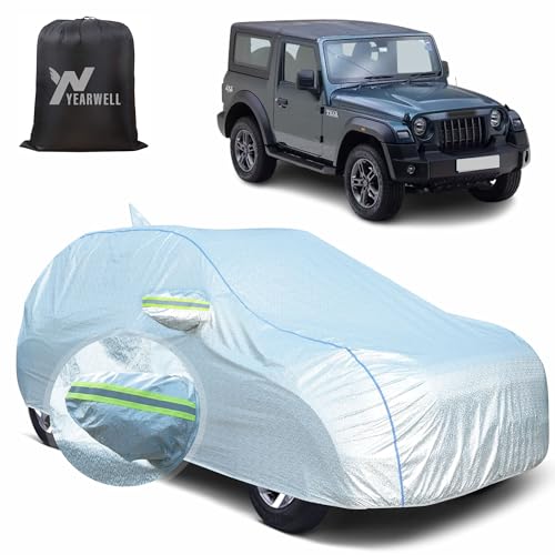Image of Car Body Cover for Mahindra Thar, 100% Waterproof, Heat-Resistant with Mirror & Antenna Pockets, Soft Cotton Lining, Triple Stitched, Piping & Reflector (Reflective Silver)