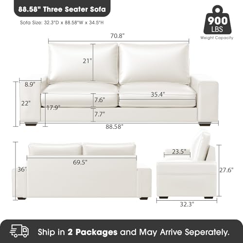 Image of Valthie Faux Leather Couch, Mid Century Modern Comfy Loveseat Sofa with Wide Arm, Side Pockets, Solid Wooden Frame for Office, Living Room and Bedroom, 3 Seater (White, 88.58 inches)