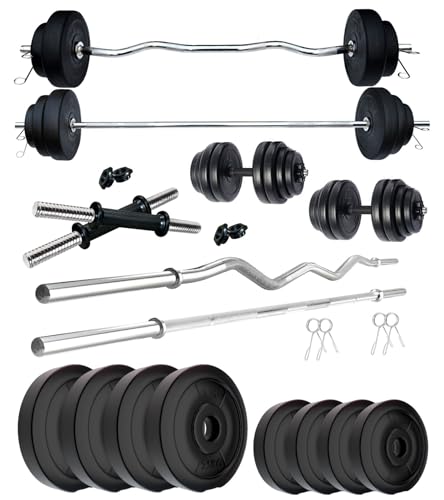 Image of Kore PVC 14 Kg Home Gym Set with One 3 Ft Plain + One 3 Ft Curl Rod and One Pair Dumbbell Rods, Multicolour