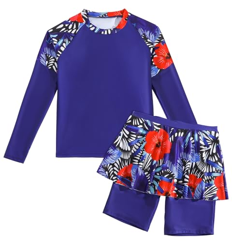 Image of Girls Rash Guard 2 Pieces Bathing Suit Long Sleeve Swimsuit Swimming Skirt with Shorts Sun Protection Swimwear