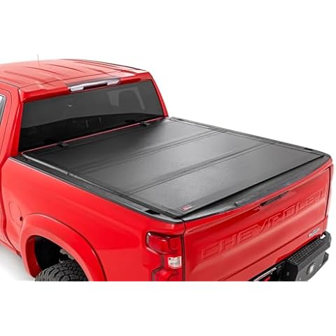 Rough Country Hard Tri Fold Truck Bed Cover, Truck Tonneau Covers for Chevy Silverado 1500/GMC Sierra 1500 (2019-2024) - 5'10 (69.3-69.9") Truck Bed Cover, Tonneau Cover Fits Multipro & Flex Tailgates Cover