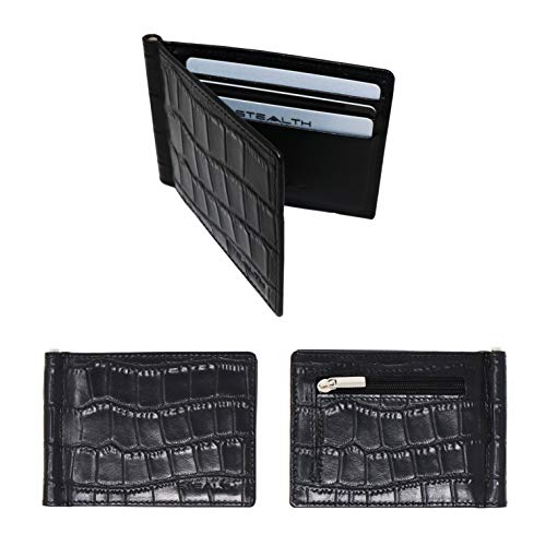 STEALTH Wallet RFID Card Holder - Slim Minimalist Genuine Leather Crocodile Style with Money Clip & Zipped Coin Pocket - Premium Wallets with Contactless Cards Protection and Gift Box (Black)