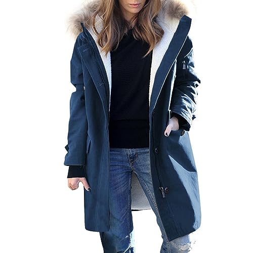 Manteau en laine femme chaud avec capuche coupe vent bleue