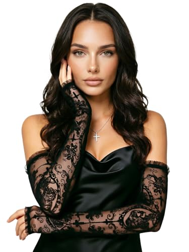 Image of SAWINDA Black Long Lace Gloves Fingerless Halloween Cross Arm Sleeves