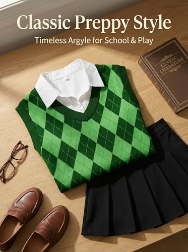 Image of SELINK Boys Girls V Neck Argyle Knit School Uniform Sweater Vest | Soft Cotton Polyester Blend Knitted Vest,Stockinette Stitch,Hand Wash Only For School Uniform Daily Wear
