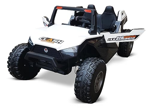 PEKECARS Coche Electrico para Niños Todoterreno Clash 24V MP4 Color Blanco. Con mando radiocontrol para padres. Todoterreno 4x4 para niños con 4 potentes motores. Bateria extraible. Aire acondicionado