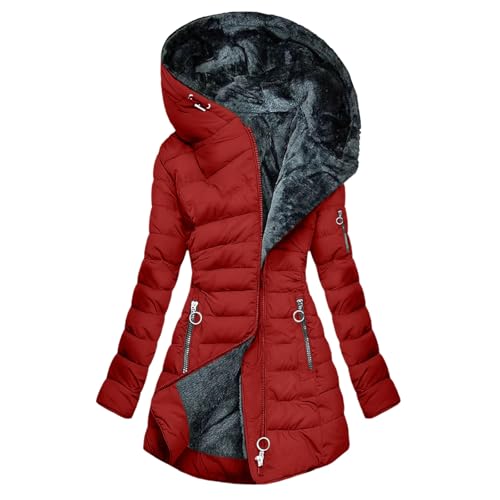 AACH Steppjacke Damen Dickere Daunenjacke Winter Langarm Kapuzenjacke Fleece Gefütterte Winterjacke Slim Fit Einfarbig Wintermantel Full Zip Modische Pufferjacke mit Taschen Outdoorjacke