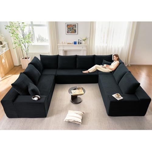Image of Oversized Modular Sectional Sofa Couch, Large 8 Seater Corner Sofa Modern U Shaped Sectional Couch Cloud Couches for Living Room, Office, Spacious Space, Corduroy, No Assembly Required, Black