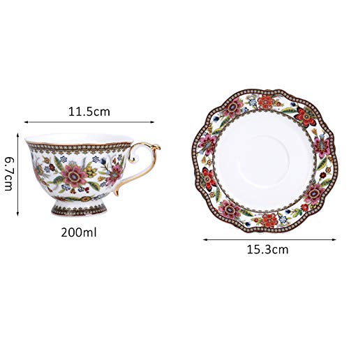 fanquare Fine Bone China British Coffee Cup and Saucer Set, Red Floral Vintage Porcelain Tea Cup, 200ml