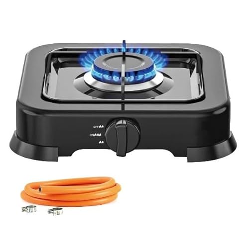 Hornillo Cocina de Gas 1 Fogon portatil + Manguera de presion estufa para camping, casa, terraza, jardin.