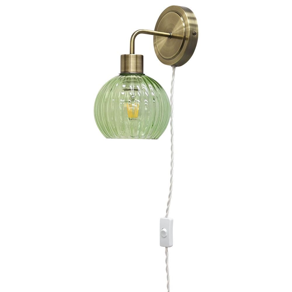 Firstchoicelighting Antique Brass & Green Antique Brass Plug In Wall Light Or Bedside Reading Lamp With Green Ribbed Glass Shade