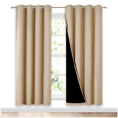 NICETOWN Living Room Completely Shaded Draperies, Privacy Protection & Noise Reducing Ring Top Drapes, Black Lined Insulated Window Treatment Curtain