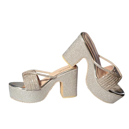 Image of Women's Stylish Platform Block Heel Sandals with Glitter Finish, Cross Strap Design, Cushioned Insole & Slip-On Comfort - Perfect for Weddings, Receptions, Festive & Evening