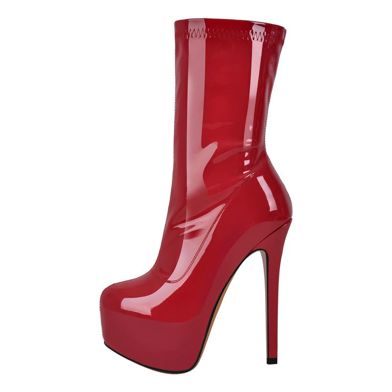 MissHeel Botas de caña corta de plataforma stilettos tacones altos elásticos botines barniz, rojo, 38 EU