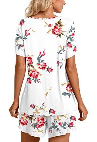 Taohuadao Womens Summer 2 Piece Pajama Sets, Short Sleeve Pleated Tunic Tops With Comfy Shorts, Lounge Sleepwear Ladies Pjs Sets With Pockets 3Xl, Floral White #TOP3