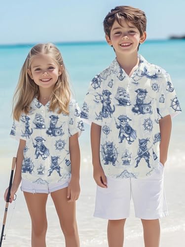 Image of THE PIRATE KING Funny Pirate Hawaiian Shirt Boys Girls Beach Tropical Casual Short Sleeve Button Down Shirt for 5-14 Years