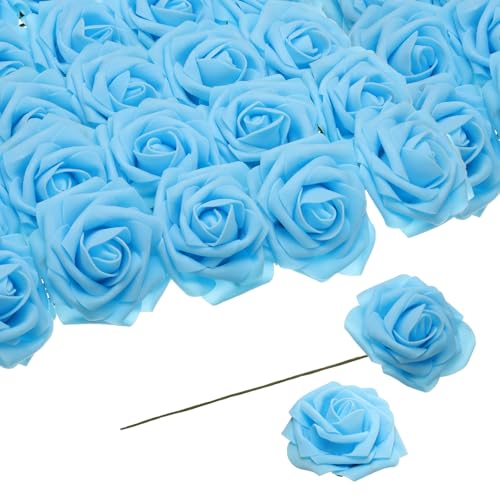QUARKZMAN 25 Stück Schaumrosen Künstliche Blumen, Gefälschte Rosen mit Stielen Schaum Real Touch Faux Rosen für Hochzeit Party Büro Duschen Hausdekoration, Blau