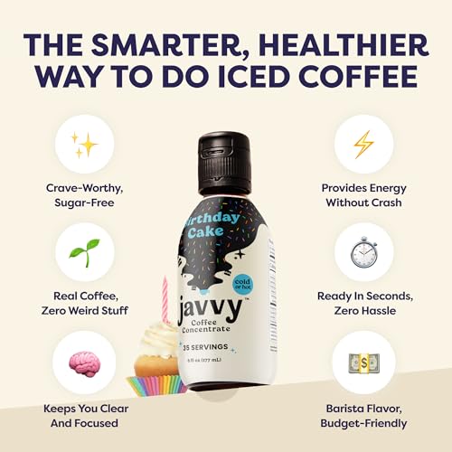 Image of Javvy Cold Brew Coffee Concentrate Instant Coffee, Birthday Cake | 100% Real Coffee, 0g Sugar, No Artificial Flavors, 60-80mg Caffeine per Serving, Gluten Free, Makes Hot or Iced Coffee