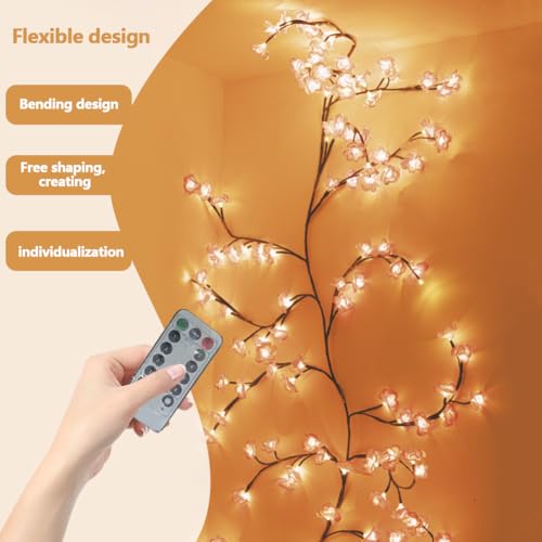 LED Kirschblüten Zweige Lichter, Kirschblüten LED Wand, Sakura Vine Wand Deko, Warmweiss Rattan Lichterkette Wanddeko mit Fernbedienung für Schlafzimmer Deko Weinachtsdeko (72LEDs, 1.6Meter) – Bild 3