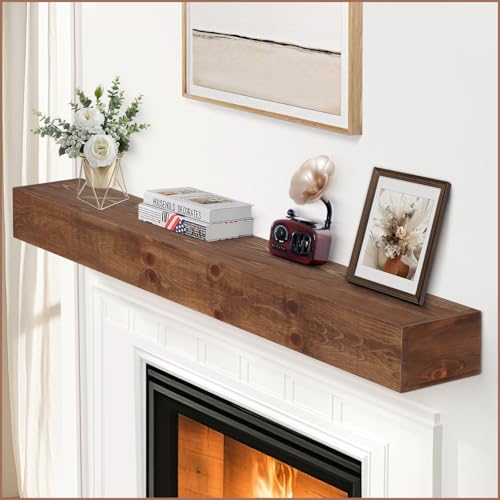 G GOOD GAIN Fireplace Mantel 60inch - Solid Wood Mantel Shelf Handcrafted Rustic | Floating Mantle Shelves Decor for Wall, Bedroom, TV, Books, Livingroom（DarkWalnut）