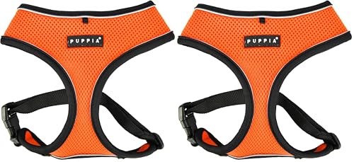 Puppia Soft Dog Harness Pro No Choke Over-The-Head Reflective Straps Triple Layered Breathable Mesh Adjustable Chest Belt and Quick-Release Buckle, Orange, Medium (Pack of 2)