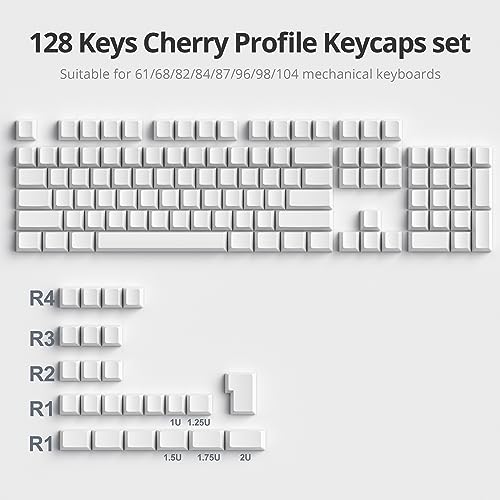 Image of Fogruaden Blank Keycaps, Thick PBT White Keycaps, Cherry Profile, Minimalist White, 128 Key, Custom Keycap for Mechanical Keyboard