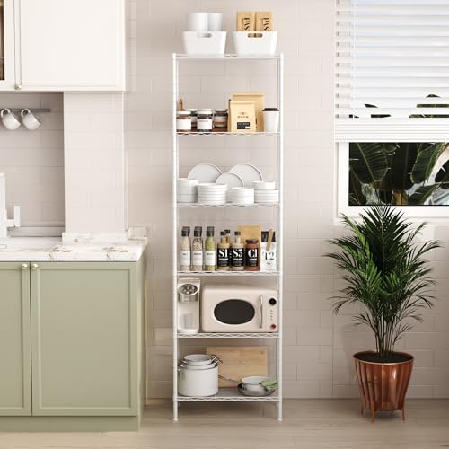 HOMEFORT 6-Shelving Unit, Adjustable Wire Shelving, Metal Wire Shelf with Shelf Liners and Hooks for Kitchen, Closet, Bathroom, Laundry, White, 21\" W x 11\" D x 69\" H
