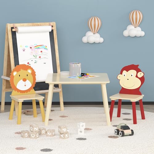 Image of Wood Table & Chairs 3 Pieces Set, Boys Girls Activity Table w / 2 Animal Shaped Chairs, Solid Wood Legs, Safe Rounded Corners, Playroom Furniture for Boys & Girls Activity Dining Drawing Craft.