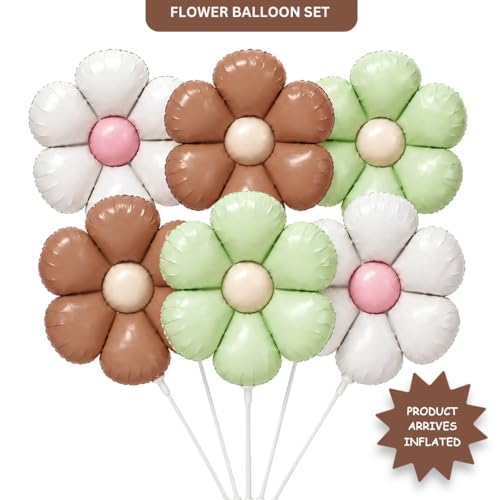 Image of Wanna Party Flower Theme Foil Balloon Set of 6 for Birthday Decoration | 2 Green, 2 Sand White & 2 Chocolate Brown Balloons | Floral Party Decor | Kids & Adults Celebration Supplies