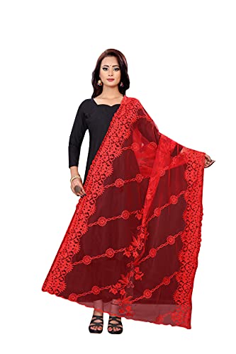 Dupatta nylon net brodé rouge fini les drapés informes optez pour le volume créateur