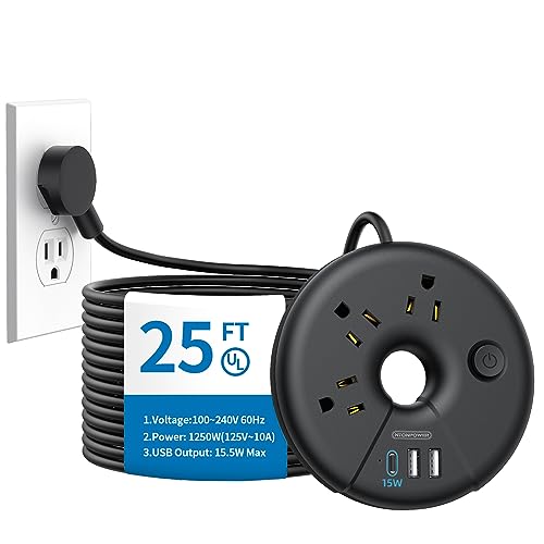 Extra Long Extension Cord 25 ft, NTONPOWER Flat Plug Power Strip with 3 Outlets 3 USB Ports(1 USB C), Flat Plug Extension Cord, Extension Cord with Mu