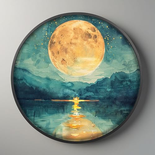 Image of PAINTINGMANTRA Full Moon Scenic View Night Wall Lamp Painting with Premium Aluminium Metal Frame, Nature Round Wall Painting with Warm White Night Lamp for Home & Office Wall Decor (18x18 Inches)