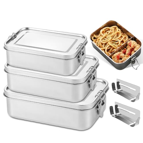 LEKEFETO 3er Set Edelstahl Brotdosen mit Trennfach | 550ml+ 850ml+1400ml Auslaufsichere Lunchbox | Spülmaschinenfest & Stapelbar | Lebensmittelbox für Beruf & Outdoor