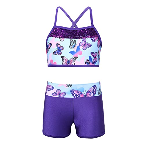 Kids Girls 2PCS Sports Outfits Ballet Gym Sequins Mermaid Tank Top Shorts Set Tankini Swimwear Gymnastics Tracksuit