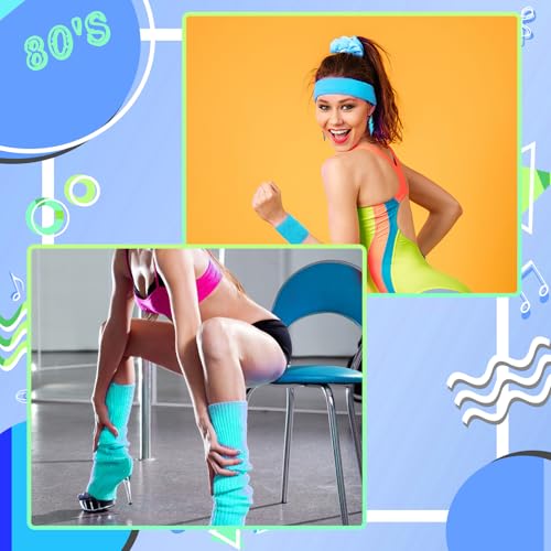 80s Neon Workout Costume Accessories Set 10 PCS Leg Warmers for Women 80s Headband Wristband Fanny Pack for Yoga Running (Blue)