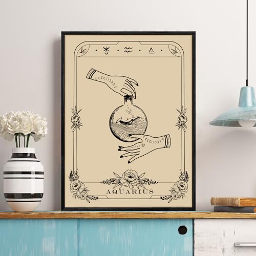 SERIMINO Witchy Framed Wall Art, Aquarius Tarot Canvas Prints Paintings, Horoscope Dark Academia Home Decor Aesthetic, 12X16inch Gothic Wall Decor for Room