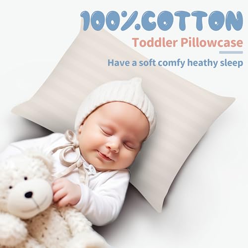 Image of 100% Egyptian Cotton Zippered Toddler Pillowcases Set of 4, 600 Thread Count Small Pillow Cases, Super Soft and Breathable Pillow Protector, 13x18 Inches (Stirpe Light Beige, Toddler)