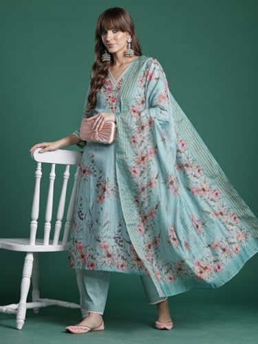 Image of INDO ERA Women's Straight Linen Floral Embroidered Kurta & Pant With Dupatta Set (IESTR10644)