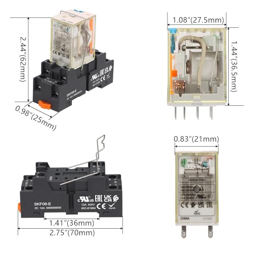 Relé de alimentación de 12V CC DPDT con base de enchufe y botón de prueba de 8 pines 12A 6
