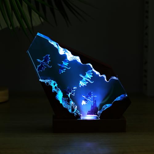 Image of Drawelry Ocean Creative Epoxy Resin Wood Light Lamp, Handmade Multi Color Aquatic Ocean Lamp Deep Sea Cave Diving Enthusiasts Led Night Light Desktop Decor Birthday Gift (Dragon, M)