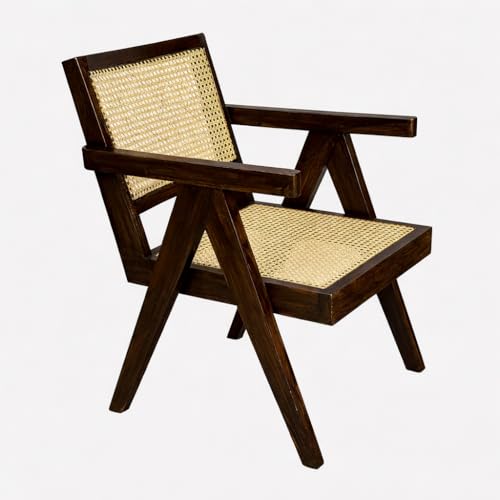 Image of Sainistree Furniture | Solid Sheesham Wood Rattan Armchair | Teak Brown Finish, Cane Back & Geen Upholstery | Mid-Century Modern Accent Chair for Living /Dining Room (Pair of 2, Rattan Walnut)