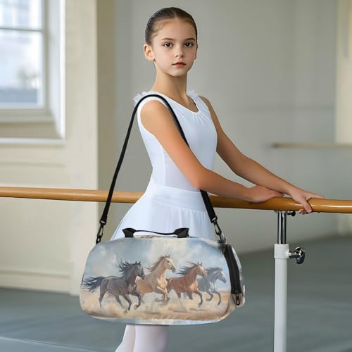 Duffle Bag for Boys or Girls with Shoes Compartment, Wild Horses Running Sports Travel Bag Overnight3