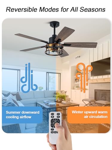 Image of Rustic Ceiling Fan with Lights and Remote, Large Farmhouse Ceiling Fan Caged Fandelier Chandelier, Reversible Quiet DC Motor 6 Speeds for Living Room (Rustic Cage, 52 Inch)