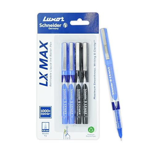 Image of Luxor Schneider LX MAX roller ball pen, Pack of 4, 2 Blue+2 Black, Needle Tip, 0.5mm, 100% German Technology, 1000+ mtrs writing length, Waterproof Ink, Ideal for Students & Professionals