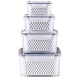 4 Pack Large Fridge Food Storage Container Set with Lids with Strainer, Fruit Vegetable Storage Containers Keep Fruits, Vegetables, Berry, Meat Fresh longer , BPA-Free Plastic Produce Keepers