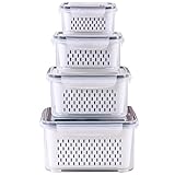 Ronanemon 4 Pack Fridge Food Storage Container Set with Lids with Strainer, Fruit Vegetable Storage Containers Keep Fruits, Vegetables, Berry, Meat Fresh longer, BPA-Free Plastic Produce Keepers