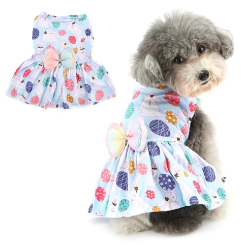 RANPHY 犬 服 犬の服 春夏 小型犬 かわいい プリントワンピース おしゃれお姫様ドレス 蝶結び 女の子スカート洋服 薄手通気性 かわいい ドッグウェアワンちゃん チワワ 服 ペット服 子犬 猫用服 お散歩 お出かけ 記念写真撮影 イースター服,ブル